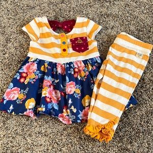 Wildflower outfit size 12 months mustard pink and blue.  Leggings and dress